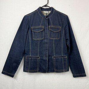 Chicos Platinum Denim Button Up Jacket Womens S-M Dark‎ Wash Minimalist Mod